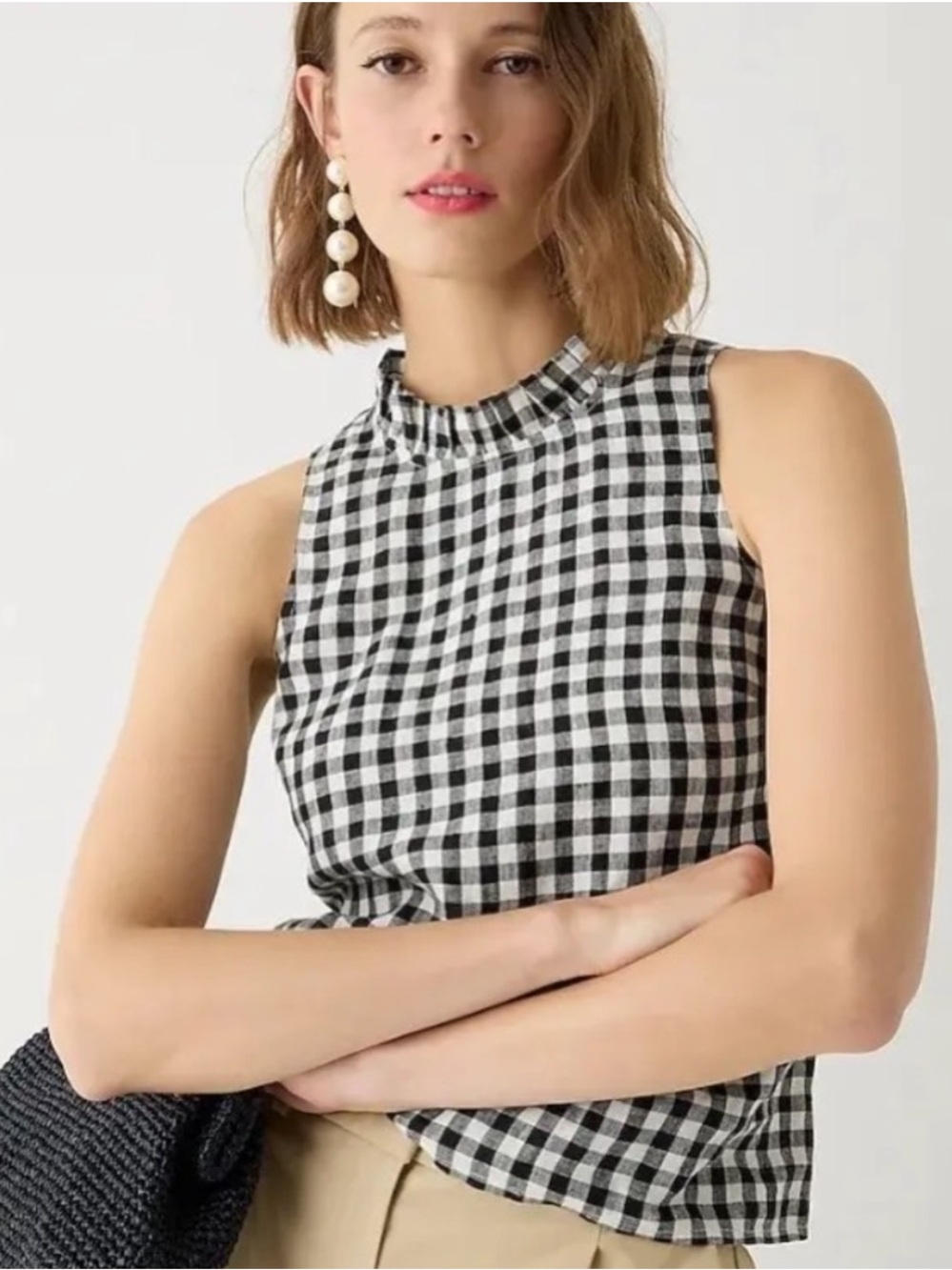 J. Crew Fleur Top in 100% Linen Black and White Gingham - Size L